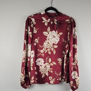 New Express relaxed burgandy floral blouse with mandarin collar buttons Up Back